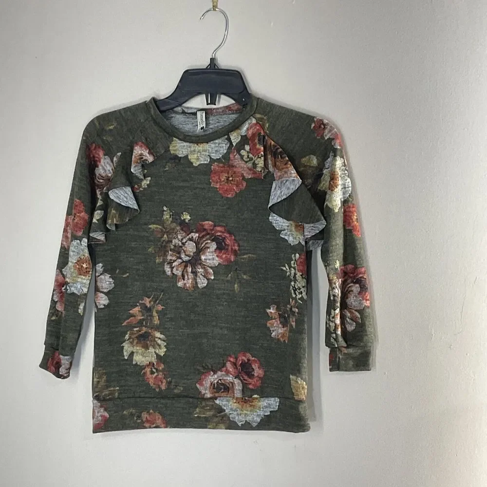Pomelo Top Boutique‎ Ruffle SMALL Floral Sweater 3/4 Sl Stretch JUNIOR Cute
